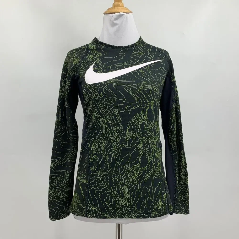 Nike Pro Shirt Boys L Large Black Lime Fitted Matrix Camo Dri Fit Compression